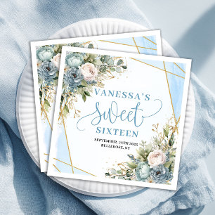 Modern Sweet Sixteen Blue Floral Gold Glitter Napkin