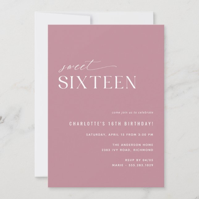 Modern Sweet Sixteen Dusty Rose Pink 16th Birthday Invitation (Front)