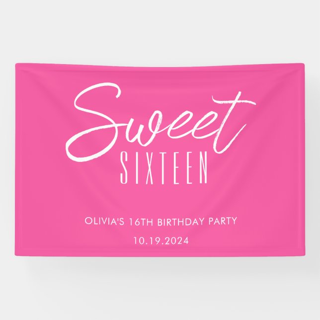 Modern Sweet Sixteen hot pink girls 16th birthday Banner (Horizontal)