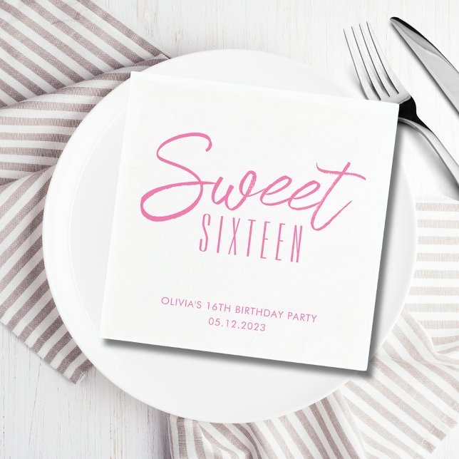Modern Sweet Sixteen Pink Girls 16th party Napkin (Sweet Sixteen 16th Sixteenth girls birthday party paper napkins in white & pink. See full range.)