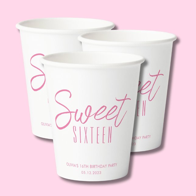 Modern Sweet Sixteen Pink Girls 16th party Paper Cups (Sweet Sixteen 16th Sixteenth girls birthday party paper cups in white & blush pink. See full range.)