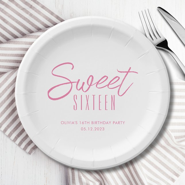 Modern Sweet Sixteen Pink Girls 16th party Paper Plate (Sweet Sixteen 16th Sixteenth girls birthday party paper plates in white & pink. See full range.)