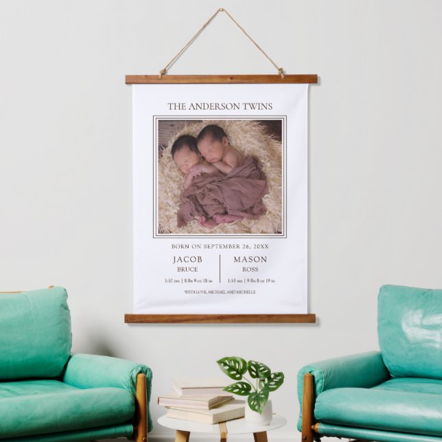 Modern Sweet Twins Photo Birth Announcement Hanging Tapestry (Living Room)