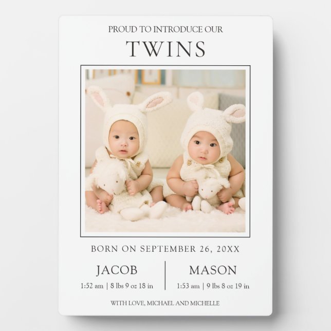 Modern Sweet Twins Photo Birth Announcement Plaque (Front)