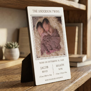 Modern Sweet Twins Photo Birth Announcement Plaque