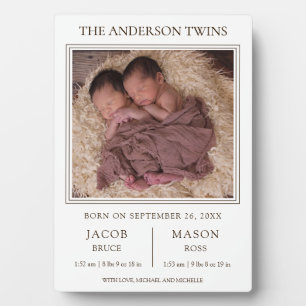 Modern Sweet Twins Photo Birth Announcement Plaque