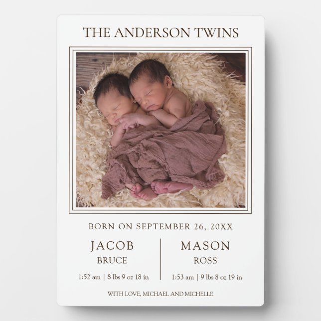 Modern Sweet Twins Photo Birth Announcement Plaque (Front)