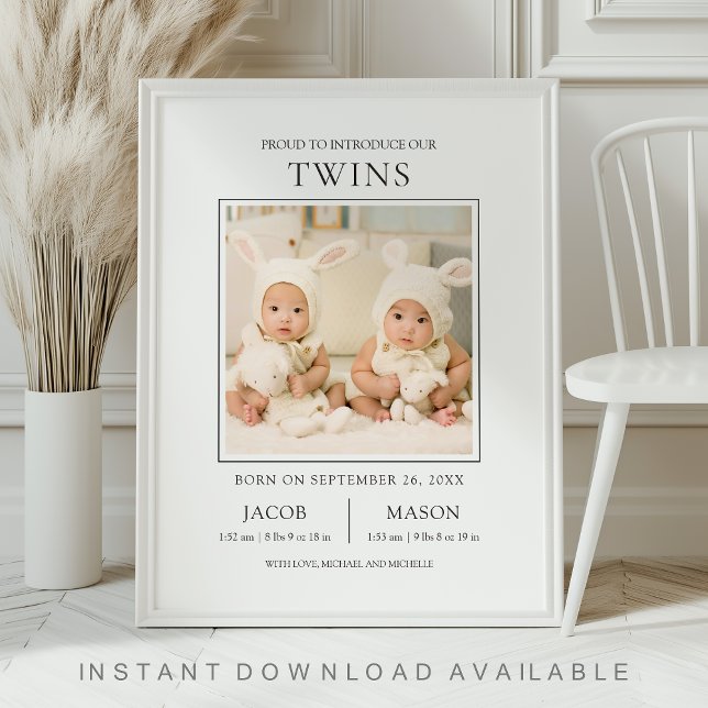Modern Sweet Twins Photo Birth Announcement Poster (Creator Uploaded)
