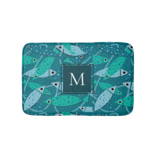 Modern Swimming Fish Pattern Monogram Bath Mat