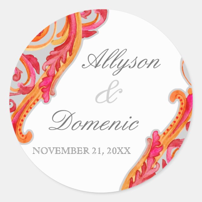 Modern Swirl Flourish Heart Tangerine Hot Pink Classic Round Sticker (Front)