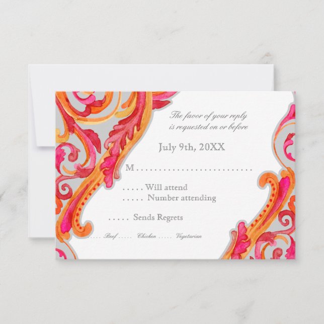 Modern Swirl Flourish Heart Tangerine Hot Pink RSVP Card (Front)
