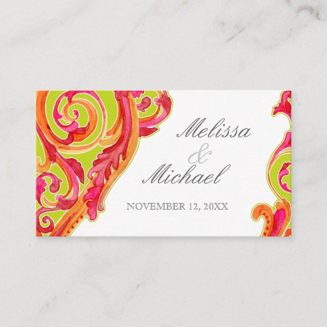 Modern Swirl Flourish Heart Tangerine Lime Green Place Card (Front)