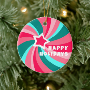 Modern Swirl HAPPY HOLIDAYS CUSTOM Green Pink Ceramic Ornament