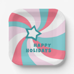 Modern Swirl HAPPY HOLIDAYS CUSTOM Green Pink Paper Plate