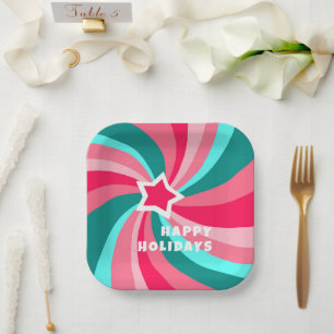 Modern Swirl HAPPY HOLIDAYS CUSTOM Green Pink Paper Plate
