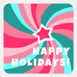 Modern Swirl HAPPY HOLIDAYS CUSTOM Pink Green Square Sticker