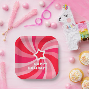 Modern Swirl HAPPY HOLIDAYS CUSTOM Red Pink Paper Plate