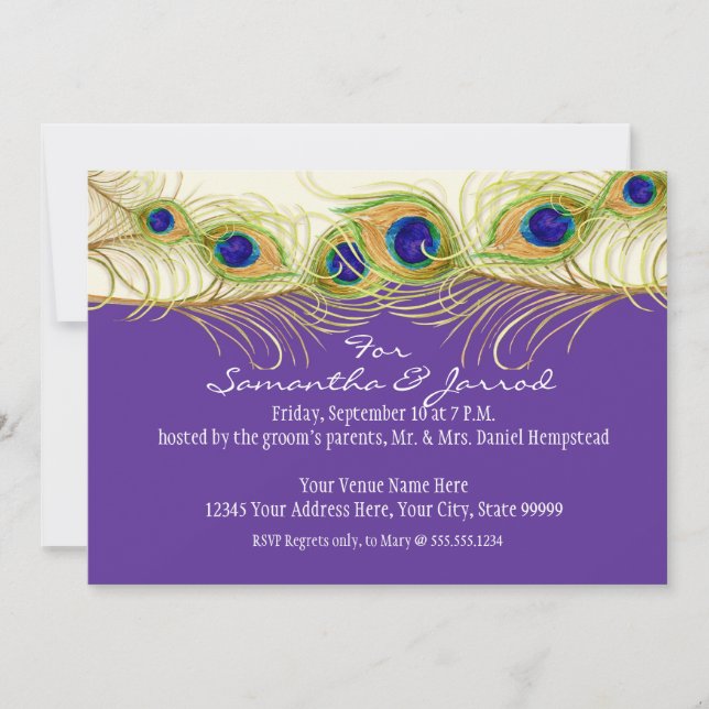 Modern Swirl Peacock Feathers Rehearsal Dinner Invitation (Front)