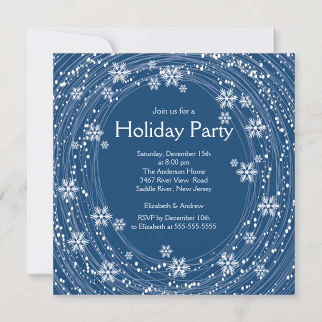 Modern Swirl Snowflakes Holiday Party Blue Invitation (Front)