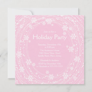 Modern Swirl Snowflakes Holiday Party Pink Invitation
