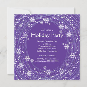 Modern Swirl Snowflakes Holiday Party Purple Invitation
