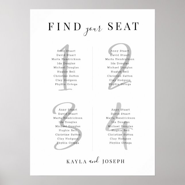 Modern Table 4 Seating Chart For Wedding Board (Front)