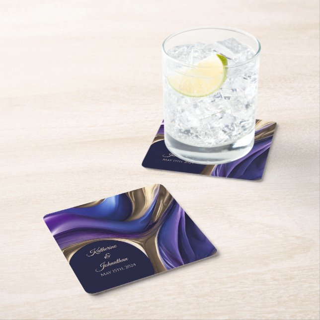 Modern Table Supplies-Blue Purple Gold Square Paper Coaster (Insitu)