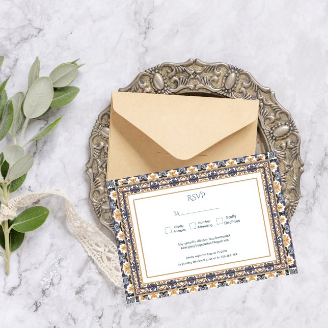Modern Talavera Mexican Tile Modern Wedding RSVP Card (Creator Uploaded)