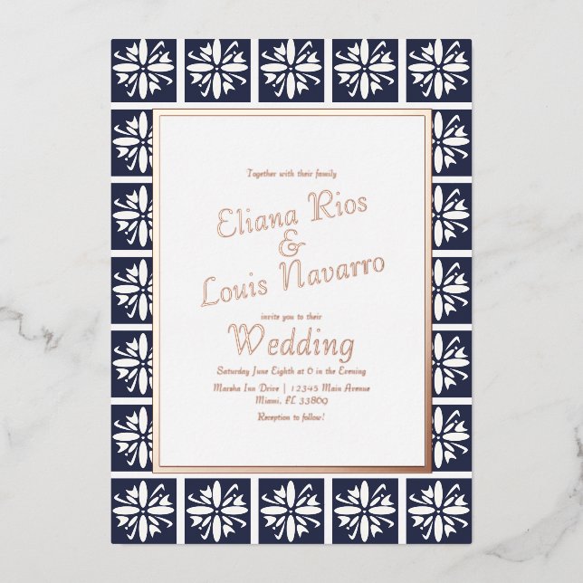 Modern Talavera Navy Blue Wedding Pressed    (Front)