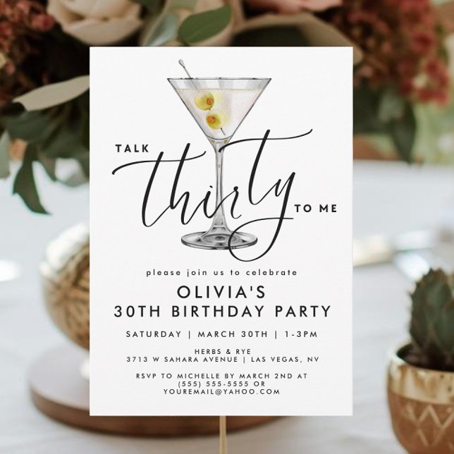 Modern “Talk Thirty to Me” Martini Glass 30th Invitation (Creator Uploaded)