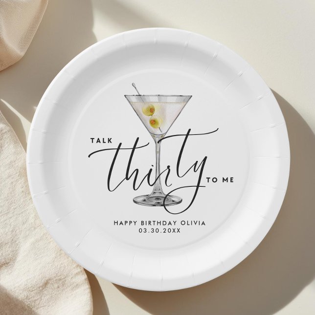 Modern “Talk Thirty to Me” Martini Glass 30th Paper Plate (Creator Uploaded)