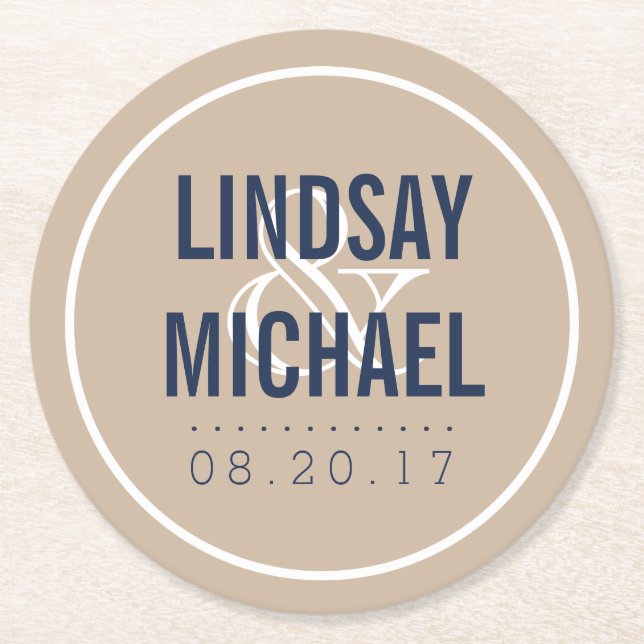 Modern Tan and Navy Wedding Round Paper Coaster (Front)