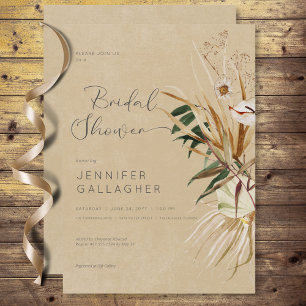 Modern Tan Boho Dried Floral Bouquet Bridal Shower Invitation