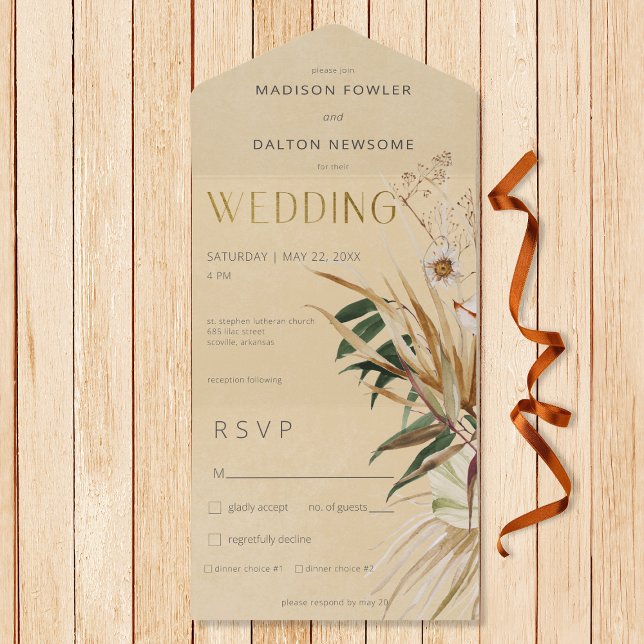 Modern Tan Boho Dried Floral Bouquet Dinner All In One Invitation (Also available with a QR code or without dinner selection options.)