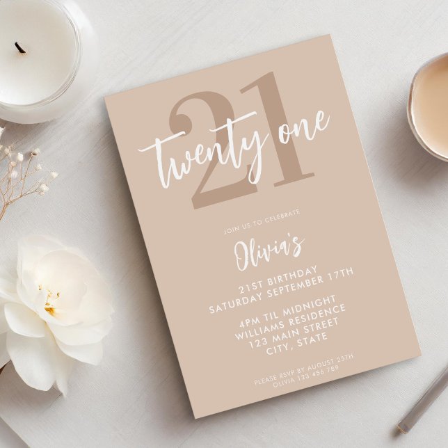 Modern Tan Brown Elegant 21st Birthday Invitation (Creator Uploaded)