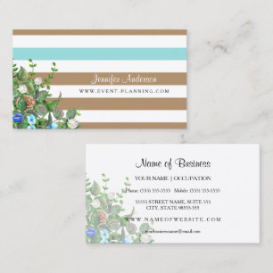 Modern Tan Floral Aqua Stripe Event Planner Business Card