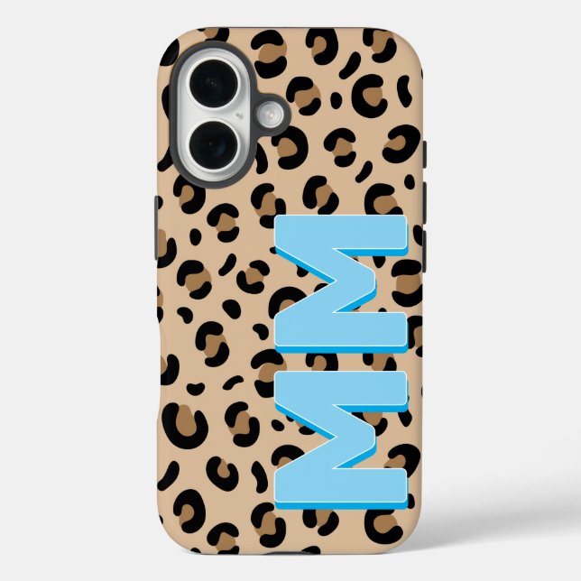 Modern Tan Leopard Print Blue Shadow Monogram  Case-Mate iPhone Case (Back)