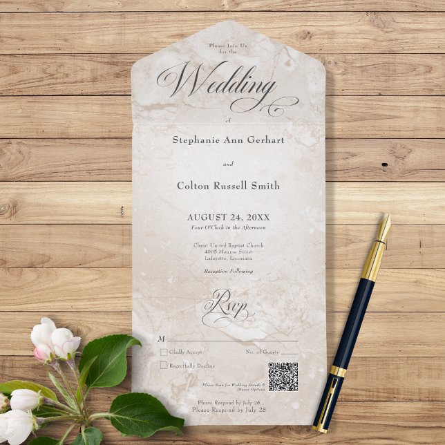 Modern Tan Marble Minimal QR Code All In One Invitation (Creator Uploaded)