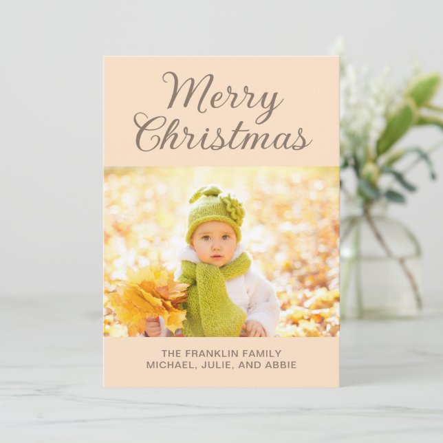 Modern Tan Merry Christmas Photo  Holiday Card (Standing Front)