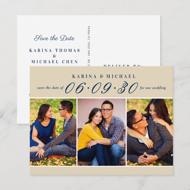 Modern Tan Navy Photo Collage Save the Date Announcement Postcard (Front/Back)