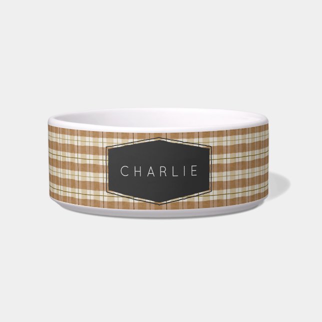 Modern Tan Plaid Personalised Pet Bowl (Front)