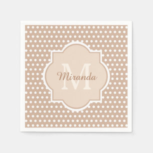 Modern Tan Polka Dots With Monogram and Name Napkin