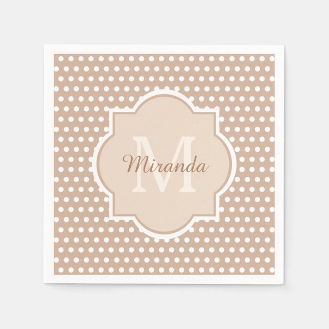 Modern Tan Polka Dots With Monogram and Name Napkin (Front)