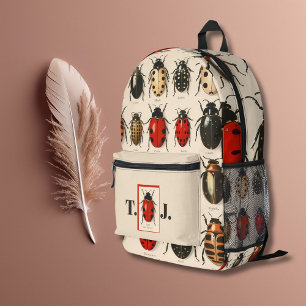 Modern Tan Red Custom Monogram Beetle Bug Pattern Printed Backpack