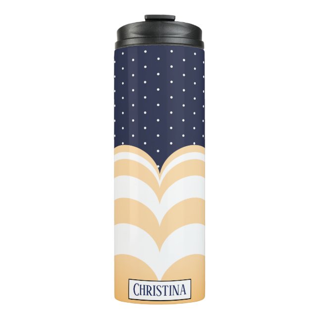 Modern Tan Scallops & Polka Dots with Name Thermal Tumbler (Front)