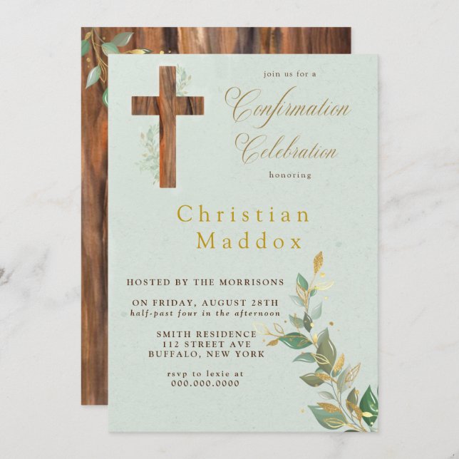 Modern Tan WoodI'm Cross Gold Confirmation Invitation (Front/Back)