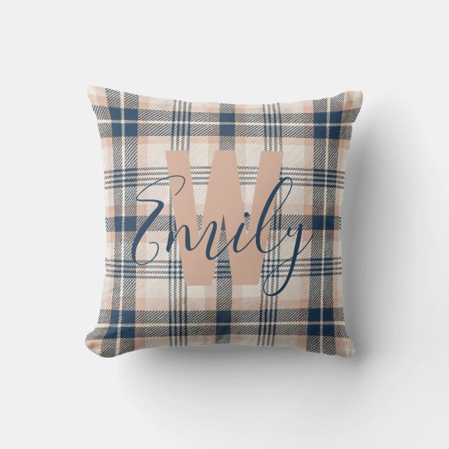 Modern Tartan Blue Cream Monogram Cushion (Front)