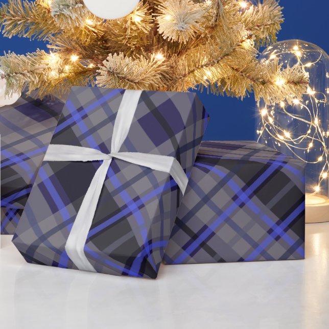 Modern Tartan Blue Grey Black Pattern Wrapping Paper (Holidays)