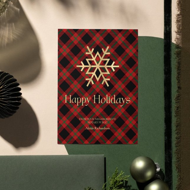 Modern Tartan Gold Snowflake Notary Happy Holidays Holiday Card (Creator Uploaded)