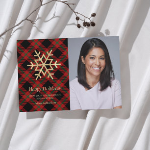 Modern Tartan Gold Snowflake Notary Happy Holidays Holiday Card